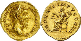 * (168 d.C.). Marco Aurelio. Áureo. (Spink 4870) (Co. 898) (RIC. 189) (Calicó 2005). Anv.: M. ANTONINVS AVG. ARM. PARTH. MAX. Su cabeza laureada. Rev....