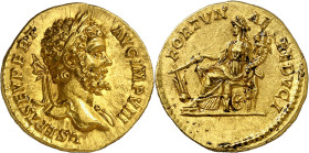 * (196 d.C.). Septimio Severo. Áureo. (Spink 6198 var) (Co. 187 var) (RIC. 78c) (Calicó 2455). Anv.: L. SEPT. SEV. PERT. AVG. IMP. VIII. Su busto laur...