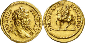 * (205 d.C.). Septimio Severo. Áureo. (Spink falta) (Co. falta) (RIC. falta) (Calicó 2509, mismo ejemplar). Anv.: SEVERVS PIVS AVG. Su cabeza laureada...
