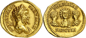 * (201 d.C.). Septimio Severo, Julia Domna, Caracalla y Geta. Áureo. (Spink 6511 var) (Co. falta) (RIC. 159 var, de Septimio Severo) (Calicó falta). A...