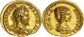* (201 d.C.). Septimio Severo y Julia Domna. Áureo. (Spink 6512) (Co. 1) (RIC. 161b, de Septimio Severo) (Calicó 2587b). Anv.: SEVERVS AVG. PART. MAX....