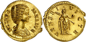 * (194 d.C.). Julia Domna. Áureo. (Spink 6567) (Co. 193) (RIC. 536) (Calicó 2641). Anv.: IVLIA DOMNA AVG. Su busto drapeado. Rev.: VENERI VICTR. Venus...