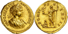 * (199 d.C.). Caracalla. Áureo. (Spink 6740) (Co. 405) (RIC. 27b) (Calicó 2773). Anv.: IMP. CAES. M. AVR. ANTONINVS AVG. Su busto juvenil laureado, dr...