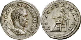 (238 d.C.). Pupieno. Denario. (Spink 8523) (S. 6) (RIC. 1). Anv.: IMP. C. M. CLOD. PVPIENVS AVG. Su busto laureado, drapeado y acorazado. Rev.: CONCOR...