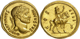 * (290 d.C.). Diocleciano. Áureo. (Spink 12517) (Co. 55) (RIC. 288) (Calicó 4446). Anv.: DIOCLETIANVS AVGVSTVS. Su cabeza laureada. Rev.: COS. IIII. D...