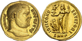 * (316 d.C.). Licinio padre. Nicomedia. Áureo. (Spink 15107) (Co. 63) (RIC. 11) (Calicó 5115, mal descrita). Anv.: LICINIVS AVGVSTVS. Su cabeza laurea...