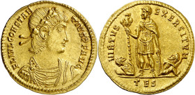 * (337-340 d.C.). Constancio II. Tesalónica. Sólido. (Spink 17809) (Co. falta) (RIC. 32 var). Anv.: FL. IVL. CONSTANTIVS P. F. AVG. Su busto diademado...