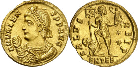 * (365 d.C.). Valente. Tesalónica. Sólido. (Spink 19568) (Co. 43) (RIC. 3b). Anv.: D. N. VALENS P. F. AVG. Su busto diademado y con el manto imperial ...