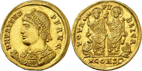 * (368 d.C.). Valente. Constantinopla. Sólido. (Spink 19594) (Co. 82) (RIC. 29b). Anv.: D. N. VALENS P. F. AVG. Su busto diademado y con el manto impe...