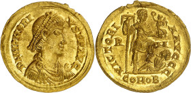 * (404/407-408 d.C.). Honorio. Roma. Sólido. (Spink 20918) (Co. 44) (RIC. 1252). Anv.: D. N. HONORIVS P. F. AVG. Su busto diademado, drapeado y acoraz...