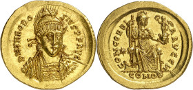 * (408-420 d.C.). Teodosio II. Constantinopla. Sólido. (Spink 21127) (Ratto falta) (RIC. 202). Anv.: D. N. THEODOSIVS P. F. AVG. Su busto galeado y ac...