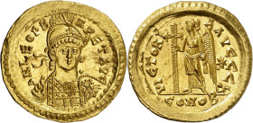 * (457-468 d.C.). León I. Constantinopla. Sólido. (Spink 21404) (Ratto 241) (RIC. 605). Anv.: D. N. LEO PERPET. AVG. Su busto galeado y acorazado de f...