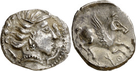 Mku. Dracma ibérica de imitación emporitana. (FAB. 1157 var) (ACIP. 394) (A.N. 36, pág. 47, nº 12, mismo ejemplar). Anv.: Cabeza femenina, gamba y del...