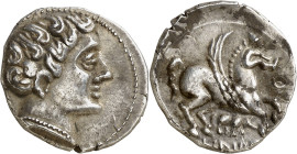 Iltirtar. Dracma ibérica de imitación emporitana. (FAB. 1162 var) (ACIP. 345) (A.N. 36, pág. 43, nº 2, mismo ejemplar). Anv.: Cabeza imberbe. Rev.: Pe...