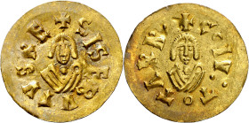 Sisebuto (612-621). Tarraco (Tarragona). Triente. (CNV. 275.5) (R.Pliego 255f). Anv.: SISEBVTVS RE. Rev.: CO IVTO TRR. Atractiva. Muy escasa. 1,44 g. ...