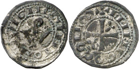 Comtat d'Urgell. Ermengol VIII (1184-1209). Agramunt. Òbol. (Cru.V.S. 120) (Balaguer 124) (Cru.C.G. 1936). Anv.: Báculo sobre V. AGRIMONT VRGL. Rev.: ...