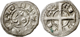 Alfons I (1162-1196). Barcelona. Òbol. (Cru.V.S. 297) (Cru.C.G. 2101). Anv.: Cruz sobre palo entre anillos. BARQINO. Rev.: Cruz. -CI-VI-RE-X. Atractiv...