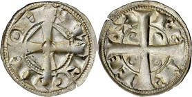 Pere I (1196-1213). Barcelona. Diner. (Cru.V.S. 300) (Cru.C.G. 2109). Anv.: Cruz con botón central. BARQINONA. Rev.: Cruz con anillos en los espacios....