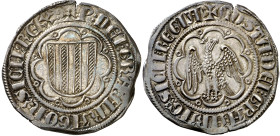 Pere II (1276-1285). Sicília. Pirral. (Cru.V.S. 325.2) (Cru.C.G. 2142c) (MIR 173). Anv.: Armas catalanas sin marcas. PDEIGRAARAGONSICILREX. Rev.: Águi...