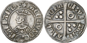 Jaume II (1291-1327). Barcelona. Croat. (Cru.V.S. 338.2, mismo ejemplar) (Cru.C.G. 2155a, mismo ejemplar). Anv.: ICOBVS DEI GRCI REX. Rev.: Roel en 2º...
