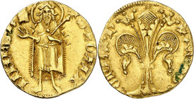 Pere III (1336-1387). Perpinyà. Florí. (Cru.V.S. 386) (Cru.Comas 15) (Cru.C.G. 2205). Anv.: SIOH-NNESB. Rev.: RG-O REXP. Marca: yelmo. Bella. Escasa a...