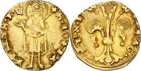 Pere III (1336-1387). Zaragoza. Florín. (Cru.V.S. 399) (Cru.Comas 20) (Cru.C.G. 2209). Anv.: SIOH-NNES B. Rev.: RG-O REXP. Marca: C gótica. Bonito col...