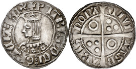 Pere III (1336-1387). Barcelona. Croat. (Cru.V.S. 402) (Cru.C.G. 2220b). Anv.: PETRVSDEIGRACIAREX. Rev.: Roel en 1er y 4º cuartel. -CIVI-TASB-ARCh-NON...