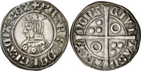 Pere III (1336-1387). Barcelona. Croat. (Cru.V.S. 402.1) (Cru.C.G. 2220d). Anv.: PETRVSDEIGRCIREX. Rev.: Roel en 2º y 3er cuartel. -CIVI-TASB-RCh-NON....