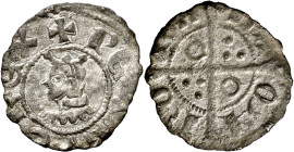 Pere III (1336-1387). Barcelona. Òbol. (Cru.V.S. 417.1) (Cru.C.G. 2239). Anv.: Busto a izquierda. PETRV REX. Rev.: Cruz con roel en 1er y 4º cuartel. ...