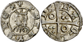 Pere III (1336-1387). Barcelona. Diner. (Cru.V.S. 418.3) (Cru.C.G. 2231b). Anv.: Busto a izquierda. PETRVS REX. Rev.: Cruz con roel en 1er y 4º cuarte...