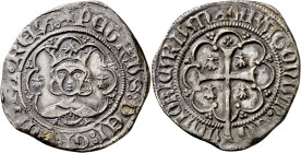 Pere III (1336-1387). Mallorca. Ral. (Cru.V.S. 450 var) (Cru.C.G. 2262a var). Anv.: Busto de frente entre veneras. PETRUSDEIGRACIAAREX. Rev.: Cruz lat...