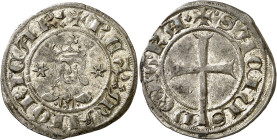 Sanç de Mallorca (1311-1324). Mallorca. Dobler. (Cru.V.S. 547) (Cru.C.G. 2515b). Anv.: Busto de frente entre . REXMAIORICAR. Rev.: Cruz latina. SACIUS...
