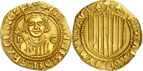 Joan II (1458-1479). Zaragoza. Ducado. (Cru.V.S. 989.2) (Cru.C.G. 3027). Anv.: Busto de frente con corona y cetro entre I-C. IONNESDEIGRCIC. Rev.: Esc...