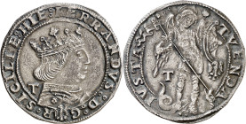 Ferran I de Nàpols (1458-1494). Àquila. Coronat. (Cru.V.S. 1023) (Cru.C.G. 3437) (MIR. 89) (Vall-llosera 147b). Anv.: Busto a derecha, T detrás. FERRA...