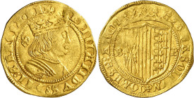 Ferran II (1479-1516). Barcelona. Doble principat. (Cru.V.S. 1128) (Cru.C.G. 3059b) (AC. 127, mismo ejemplar). Anv.: Busto a derecha, escudito de los ...
