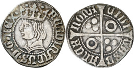 Ferran II (1479-1516). Barcelona. Croat. (Cru.V.S. 1139) (Cru.C.G. 3068a). Anv.: FERDINADUSDGREX. Rev.: Roel en 2º y 3er cuartel. -CIUI-TASB-ARCh-NONA...