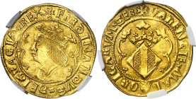 Ferran II (1479-1516). València. Doble ducat. (Cru.V.S. 1205) (Cru.C.G. 3107). Anv.: Busto a izquierda. FERDINANDVSDEI GRACIAREX. Rev.: Armas de Valèn...