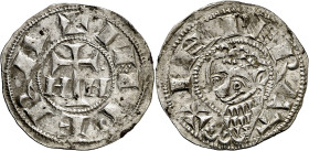 Alfonso VII (1126-1157). ¿León?. Dinero. (AB. falta) (Imperatrix A7:62.15, mismo ejemplar). Anv.: Cruz latina, debajo A-N. INPERA. Rev.: Prótomo de le...