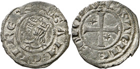 Sancho IV (1284-1295). ¿Burgos?. Meaja coronada. (AB. 316, como seisén). Anv.: Busto a izquierda. SCIIREX. Rev.: Cruz con en 1er y 4º cuartel. CSTELLE...