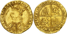 Pedro I (1350-1368). Sin marca de ceca. Dobla de 35 maravedís. (AB. 365 var). Anv.: Busto a izquierda. PETRVSDEIGRAREXCASTELLEE LEGI. Rev.: Castillos ...