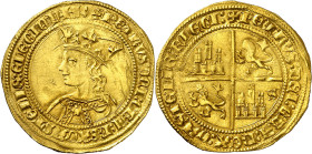 Pedro I (1350-1368). Sevilla. Dobla de 35 maravedís. (AB. 368). Anv.: Busto a izquierda. PETRVS DEIGRAREX CASTELLEE LEGIONIS. Rev.: Castillos y leones...