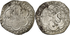 Pedro I (1350-1368). Sevilla. ¿4 maravedís?. (AB. 386). Anv.: Castillo, S debajo. PETRVSDEIGRACIAREXCASTELLELEGIONI. Rev.: León. PETRVSDEIGRACIAREXCAS...