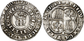 Enrique II (1369-1379). Coruña. Real. (AB. 404 var) (Imperatrix E2:22.64, mismo ejemplar). Anv.: EN coronadas. DOMINVSMIChIADIVTORETEGOD / ISPICIAMINI...