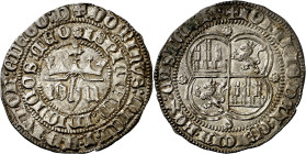 Juan I (1379-1390). Sevilla. Real. (AB. 539.1). Anv.: IOhN coronadas. DOMINVSMIChIADIVTOREDEEGOD / ISPICIAMINIMICOSMEO. Rev.: Castillos y leones cuart...
