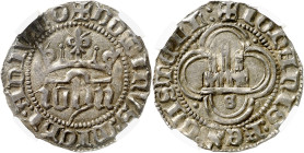 Juan I (1379-1390). Sevilla. Medio real. (AB. 542). Anv.: IOhN coronadas. DOMINVSMIChIADIVTO. Rev.: Castillo, puntos en los ángulos, S debajo. IOhANIS...
