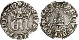 Enrique III (1390-1406). Burgos. Medio real. (AB. 587). Anv.: EN coronadas. DOMNVSMIChIADIVTOR. Rev.: Castillo, B debajo. ENRICVSDEIGRACIAR. Encapsula...