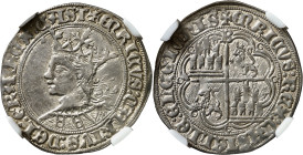 Enrique IV (1454-1461). Burgos. Real de busto. (AB. 688.3). Anv.: Busto a izquierda, punto delante. ENRICVSCARTVSDEIGRAREXCAST. Rev.: Castillos y leon...