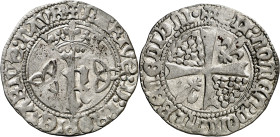 Carlos de Viana (1441-1461). Navarra. Gros. (Cru.V.S. 258) (R.Ros 3.18.1.2). Anv.: K coronada entre lazos trilobulados. KRTVDPROPIETRIVNV R. Rev.: Cru...