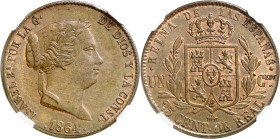 1864. Isabel II. Segovia. 25 céntimos de real. (AC. 197). Encapsulada. Bella. Brillo original. Rara así. S/C-. Ex Colección Elariz.