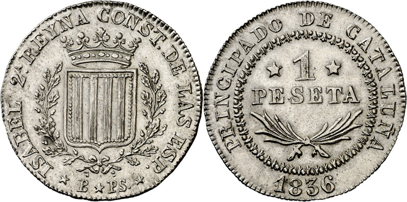 1836. Isabel II. Barcelona. PS. 1 peseta. (AC. 271). Canto estriado. Muy rara as...
